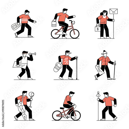 Diverse Characters, Various Activities, Set of Icons, Flat Design