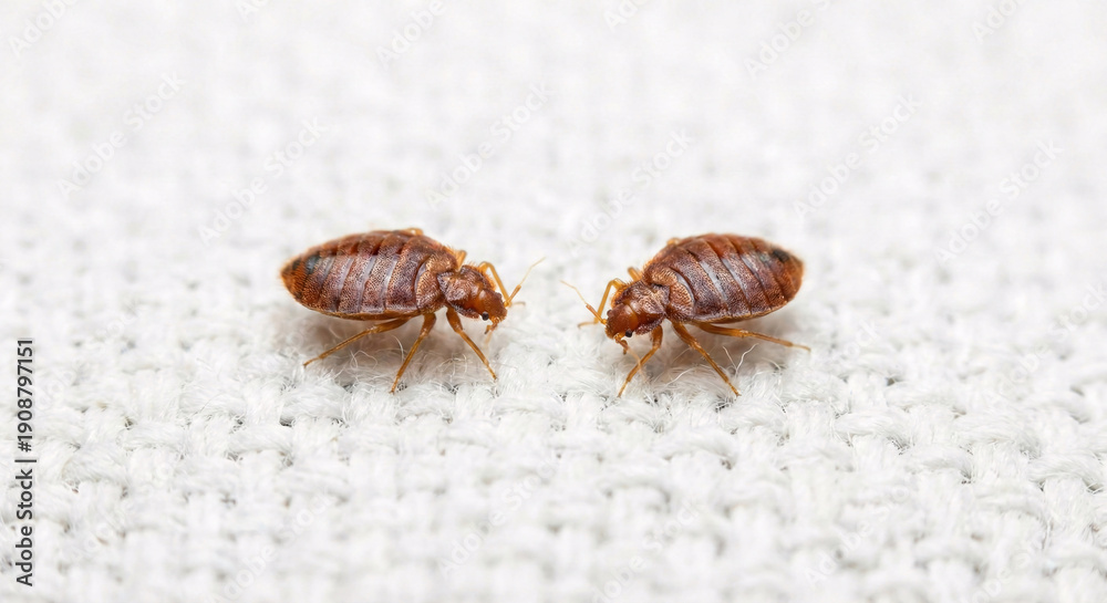 Obraz premium Bed bugs crawling on white textile extreme macro detail view