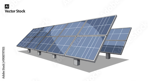 Solar panels arranged on a metal frame with multiple photovoltaic cells.