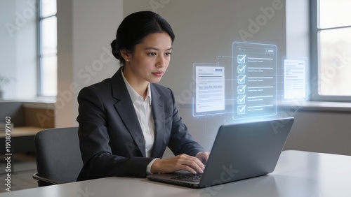 Woman in suit working on laptop with digital interface