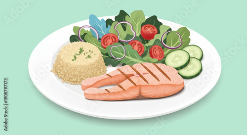 Grilled salmon with rice and mixed greens salad on a white plate.