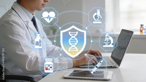 Doctor working on laptop with medical icons