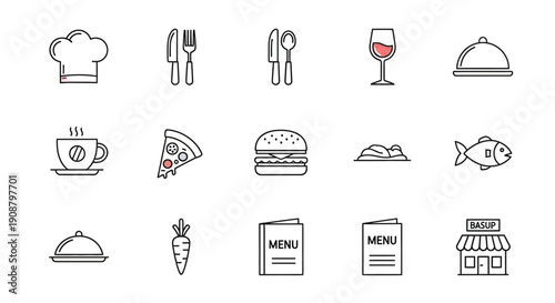 Collection of simple line icons representing various food and dining elements.