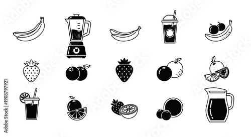 Black and white illustrations of fruits and blender for healthy smoothies.