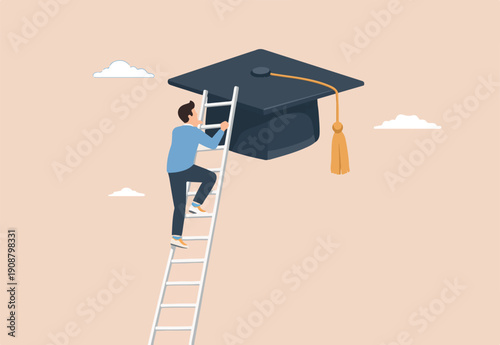 Education degree achievement, graduation or college, university diploma, school or learning classroom, wisdom or scholar concept, young adult student up ladder to reach graduate mortarboard hat
