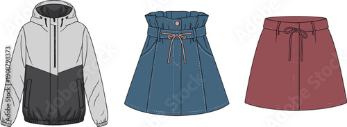 Fashion clothing set, hooded jacket, denim skirt, red skirt design, stylish garment illustration, sewing pattern template, cad drawing flat vector illustration