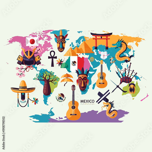 World Map with Cultural Icons: Travel & Diversity