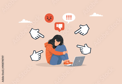 Cyber bullying, internet abuse or online troll, social media problem with hater comments concept, depressed teenager girl sitting alone with computer laptop and mouse hand cursors pointing on her.