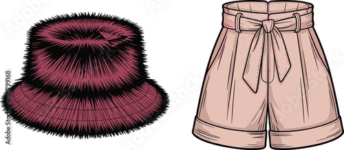 Fuzzy bucket hat, high-waisted shorts, tied belt, rolled hem, fashion accessories, cozy texture, cad drawing flat vector illustration