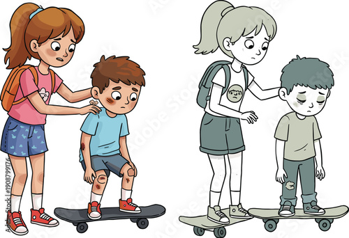 Girl helping injured boy, emotional cartoon scene, grayscale and color version, empathy, kindness, skateboard accident, children, school, support, care