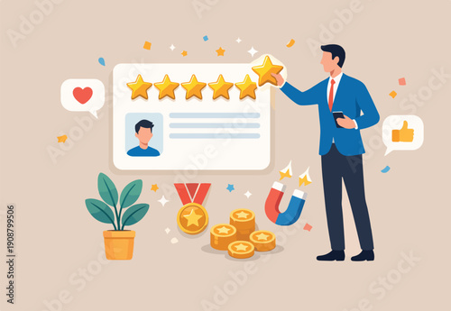  5 Stars review, customer feedback evaluation, best quality or satisfaction, opinion, best rating reputation or online positive review concept, customer giving 5 stars rating or customer experience