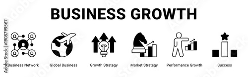 Business Growth web banner icon concept,  with Business Network, Global Business, Growth Strategy, Market Strategy, Performance Growth, Success.