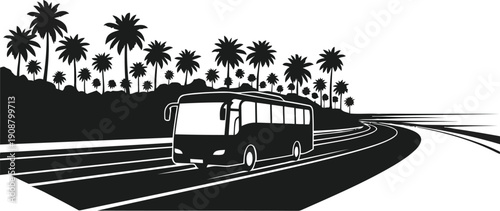 Stylish Black Bus Driving Along a Scenic Coastal Highway with Palm Trees