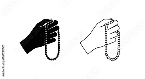 Hand holding prayer beads vector icon set, black silhouette and outline, isolated on white