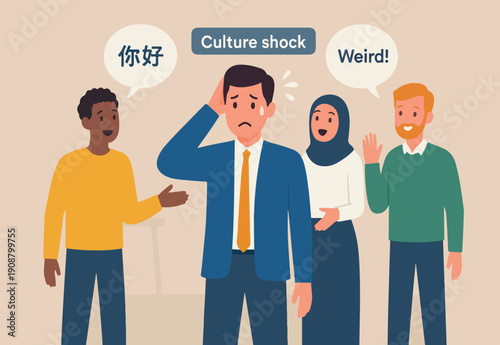 Culture shock after change new job or new colleagues, surprised by different cultural or language, weird people concept, frustrated businessman facing culture shock after change to new office