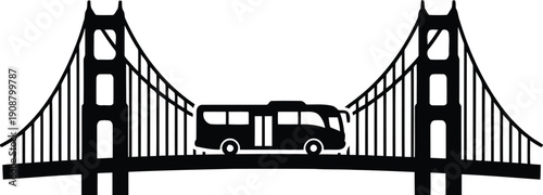 Silhouette of a Bus Crossing Iconic Bridge, Perfect for Travel and Adventure Themes