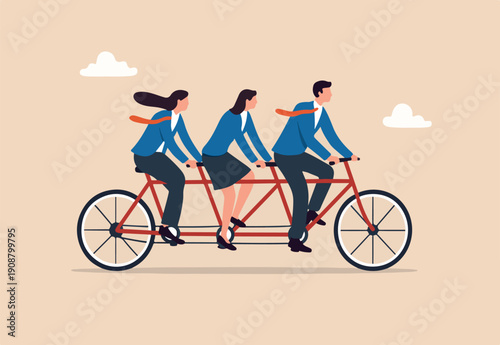 Teamwork working together for success, togetherness or cooperation, collaboration or support other to win together concept, business people employees on tandem bicycle forward metaphor of teamwork.