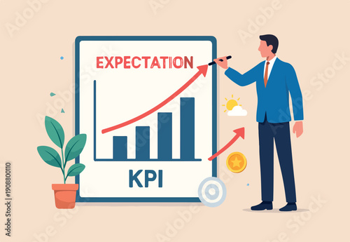  Set expectation or KPI, key performance indicator for improvement or work success, growth or growing business, hope or opportunity to success concept, businessman draw expectation line on KPI graph.