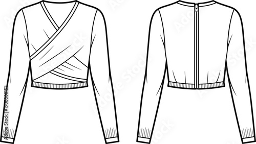 Long sleeve cropped top, wrap front bodice, ribbed cuffs, zipper back, fashion design, garment sketch, cad drawing, flat vector illustration