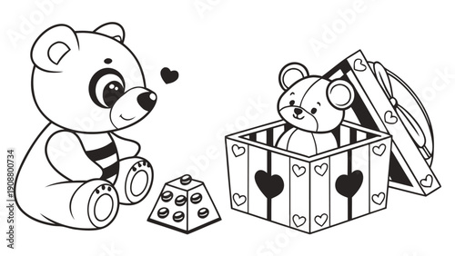Cute Cartoon Teddy Bear with Surprise Gift Box and Small Bear Cub, Coloring Page for Children, Black and White Vector Line Art Illustration