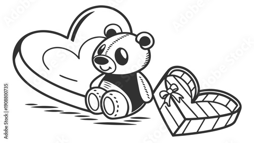 Cute Cartoon Teddy Bear with Surprise Gift Box and Small Bear Cub, Coloring Page for Children, Black and White Vector Line Art Illustration