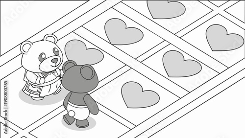 Cute Cartoon Bears Playing Heart Board Game, Educational Math and Counting Coloring Page for Kids, Valentine's Day Vector Line Art