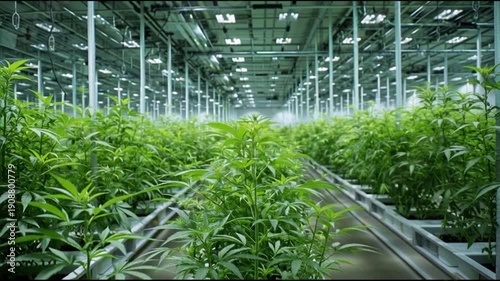 Indoor cannabis farm with rows of lush green plants under LED lighting
