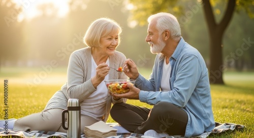 Happy Senior Couple Sharing a Fresh Fruit Salad During an Outdoor Picnic
