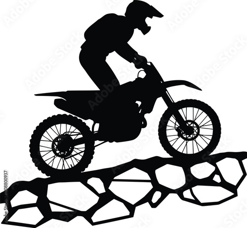 Dynamic Motorcycle Stunt Rider Silhouette Over Rugged Terrain for Action Sports Advertising