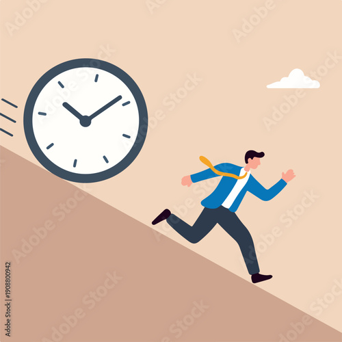 Run out of time, work deadline, time countdown or time management concept, tried businessman running away from falling rolling huge clock down hill.