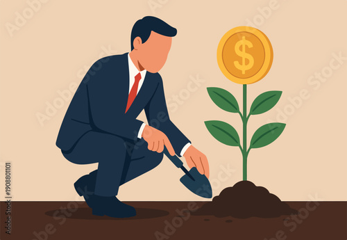  Investing in growth stock, growing pension fund, saving or make profit from retirement fund, growing wealth or investment asset concept, businessman investor planting money seedling for prosperity.