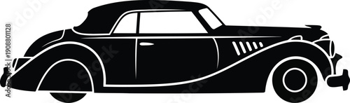 Classic Black Vintage Convertible Car Silhouette for Retro Design Projects