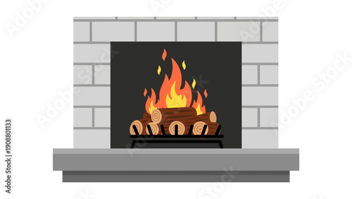Fireplace with Burning Fire.