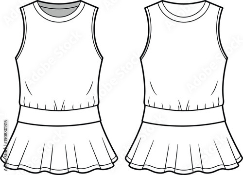 Sleeveless pleated dress CAD drawing, flat vector illustration, round neckline, CAD Apparels design