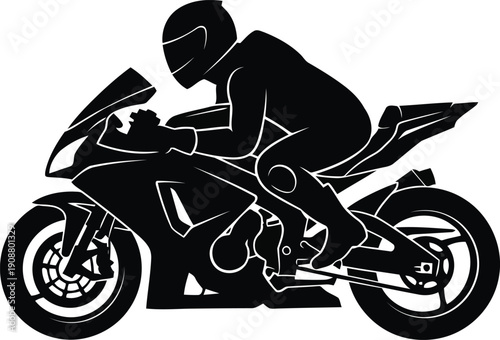 Stylized Black Motorcycle Silhouette with Rider for Dynamic Designs and Sporting Themes