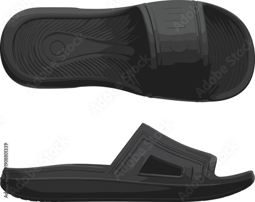 Slide sandal vector illustration, top and side view, black footwear design, textured sole, casual shoe sketch, product concept art