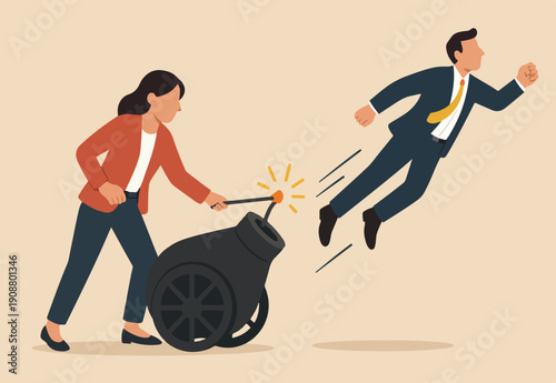 Coaching help boost career advancement, mentor or motivation to boost productivity, help or manager support for career development, entrepreneur launch, woman ignite cannon to launch businessman