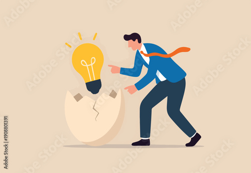 New creative idea, innovation or solution for business, entrepreneurship or startup idea, creation or discovery concept, businessman entrepreneur discover hatching egg with lightbulb idea inside