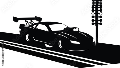 Sleek Drag Racing Car Silhouette on a Strip with Starting Lights