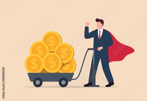 : Success investor, rich man making money from business or investment, , budget, saving or profit concept, rich and successful businessman with load of money golden coin in cart.