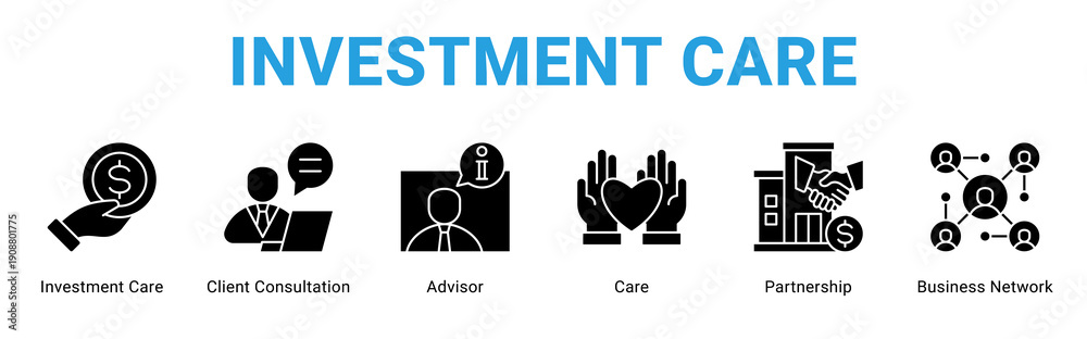 Fototapeta premium Investment Care web banner icon concept, with Investment Care, Client Consultation, Advisor, Care, Partnership, Busines.