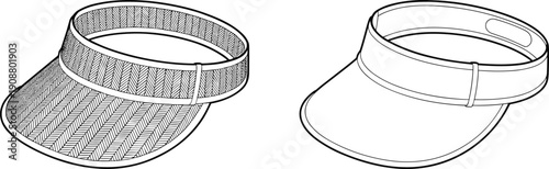 Textured and plain visor comparison, headwear design sketch, fashion accessory vector template, cad drawing flat vector illustration for apparel