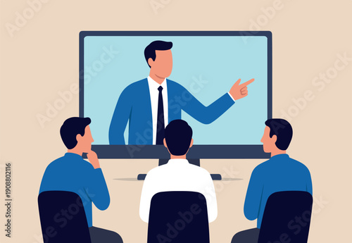 Online consultant, manager giving advice on remote work, online conference or communicate with team via internet concept, businessman manager giving advice from computer monitor to team members.
