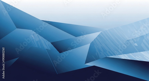 A professional abstract background featuring sharp, geometric low-poly shapes in various shades of blue and white gradients.