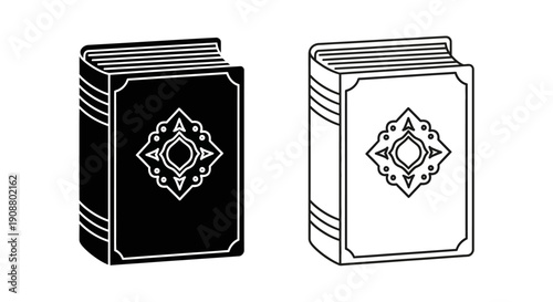 Black and white book vector icon set with ornate cover design, closed hardback, isolated on white