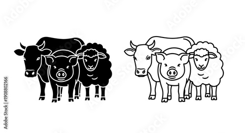 Farm animals vector icon set: black silhouette and outline of cow, pig, and sheep, isolated on white