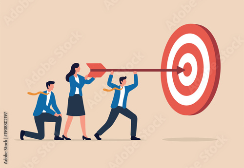 Tableau sur toile Team business goal, teamwork collaboration to achieve target, coworkers or colleagues with same mission and challenge concept, people help holding dart aiming on bullseye target