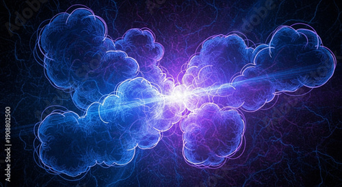 An abstract cosmic scene showing neon blue cloud-like structures with bright electric energy beams and a dark starlit background.