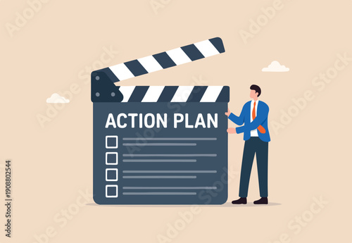  Action plan with checklist step by step of business implementation, procedure or strategy plan to finish project concept, clapboard or slate listing action plan steps.