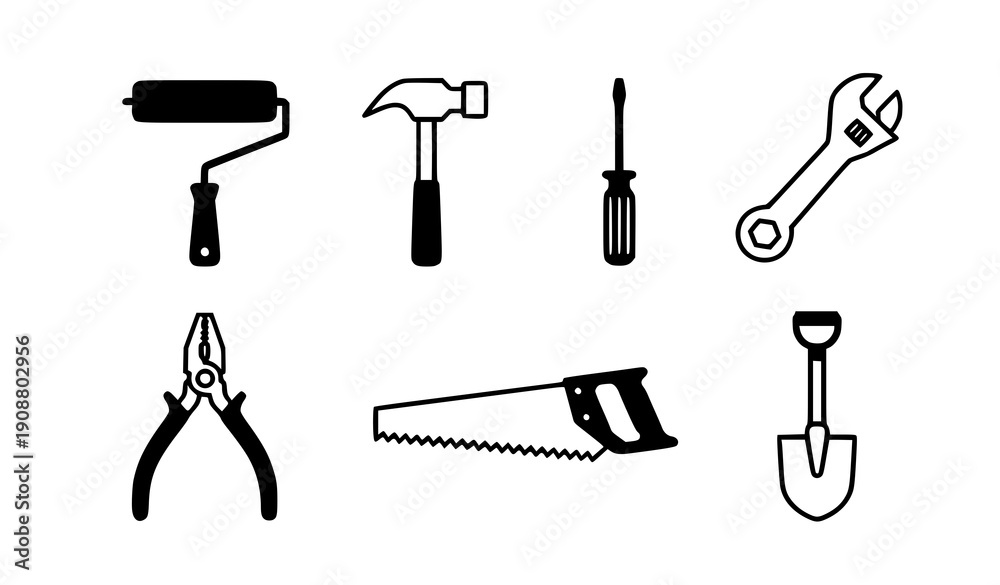 Fototapeta premium Black and White Construction Tool Icons Flat Vector Collection
